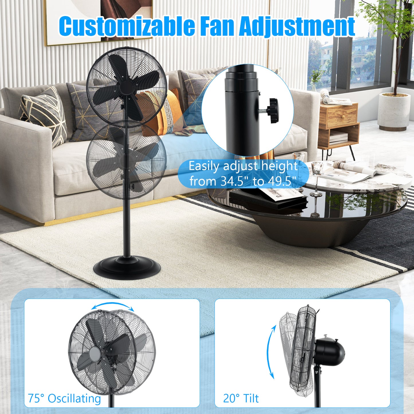 16 Inch Pedestal Standing Fan Oscillating Pedestal Fan with 3 Speeds and Adjustable Height-Black Kids Crystal