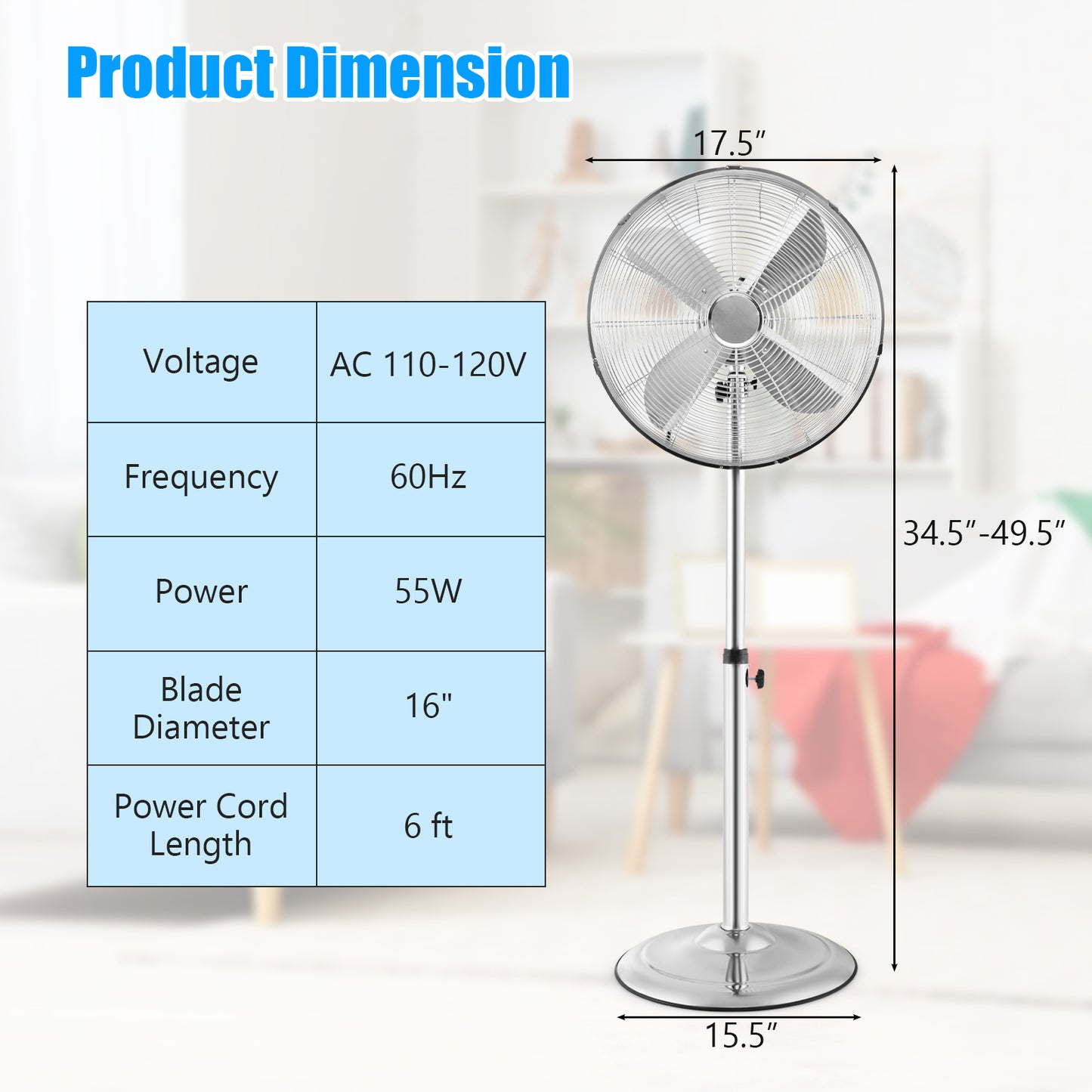 16 Inch Pedestal Standing Fan Oscillating Pedestal Fan with 3 Speeds and Adjustable Height-Silver Kids Crystal