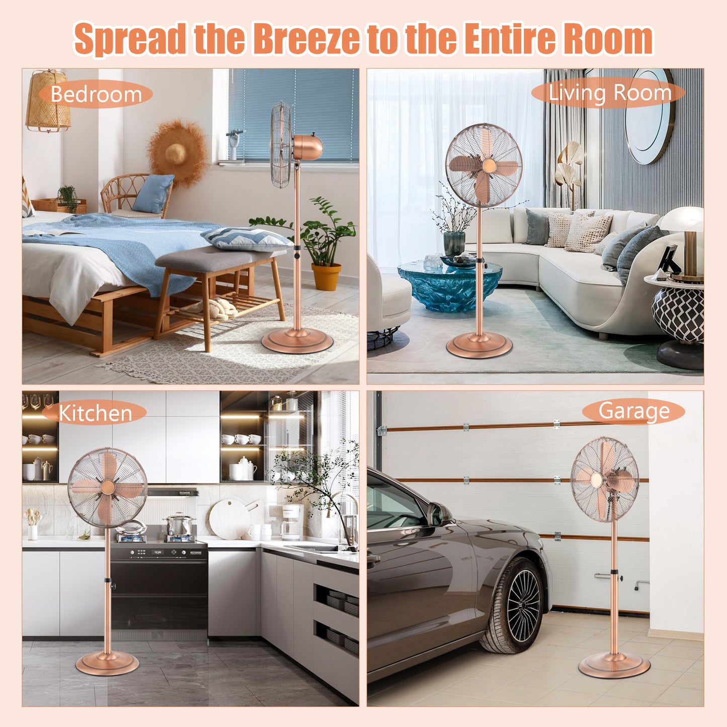 16 Inch Pedestal Standing Fan Oscillating Pedestal Fan with 3 Speeds and Adjustable Height-Copper Kids Crystal