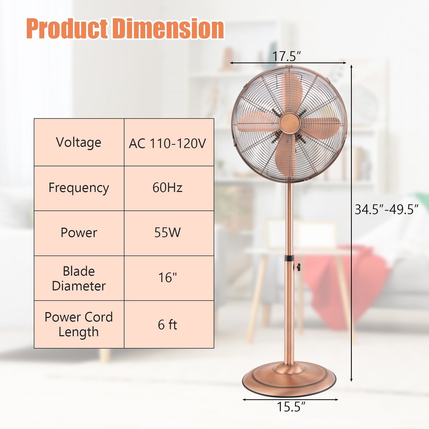 16 Inch Pedestal Standing Fan Oscillating Pedestal Fan with 3 Speeds and Adjustable Height-Copper Kids Crystal