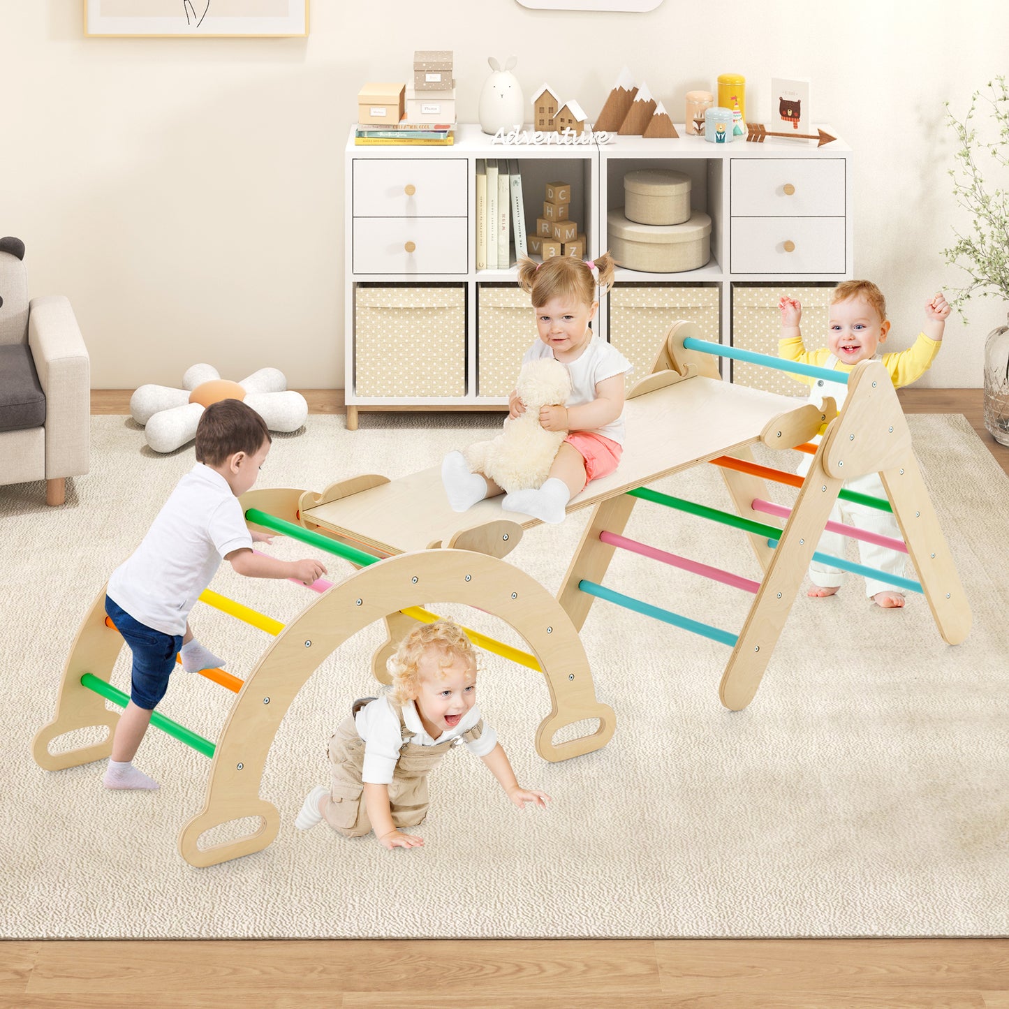 5-in-1 Wooden Kids Climber Toys with Triangle Arch Ramp-Multicolor Kids Crystal