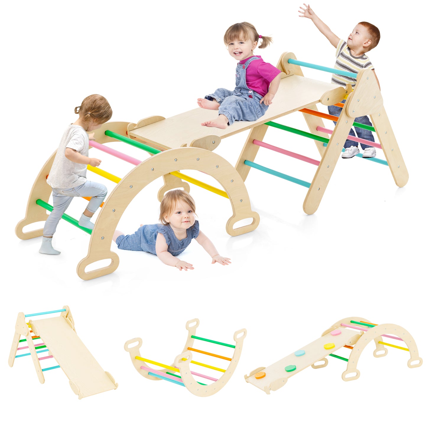 5-in-1 Wooden Kids Climber Toys with Triangle Arch Ramp-Multicolor Kids Crystal