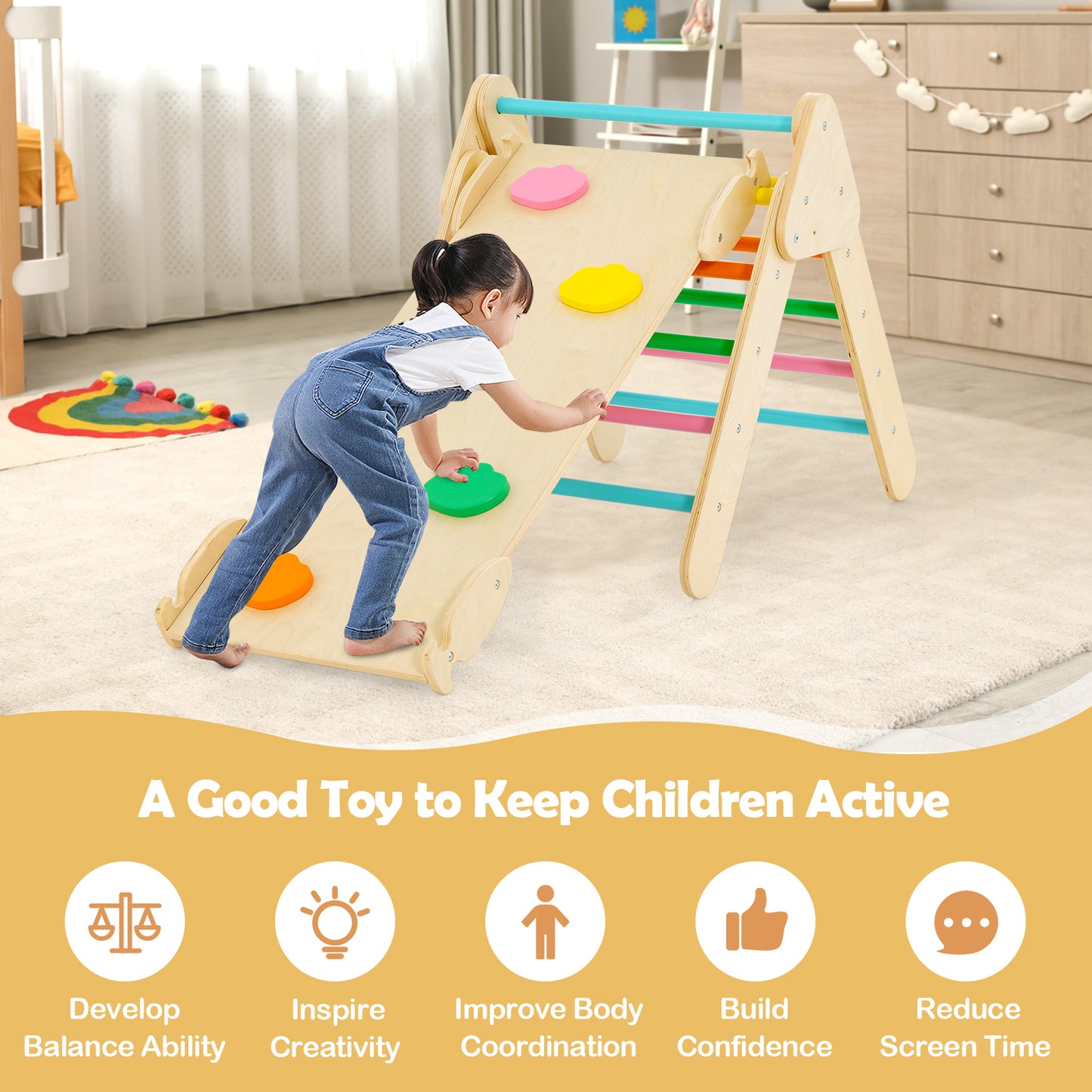 5-in-1 Wooden Kids Climber Toys with Triangle Arch Ramp-Multicolor Kids Crystal