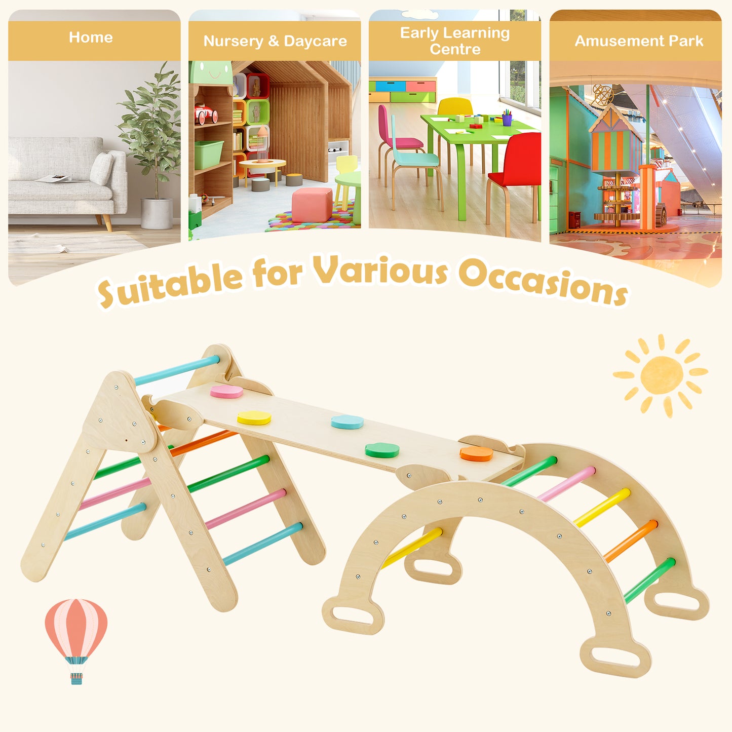 5-in-1 Wooden Kids Climber Toys with Triangle Arch Ramp-Multicolor Kids Crystal