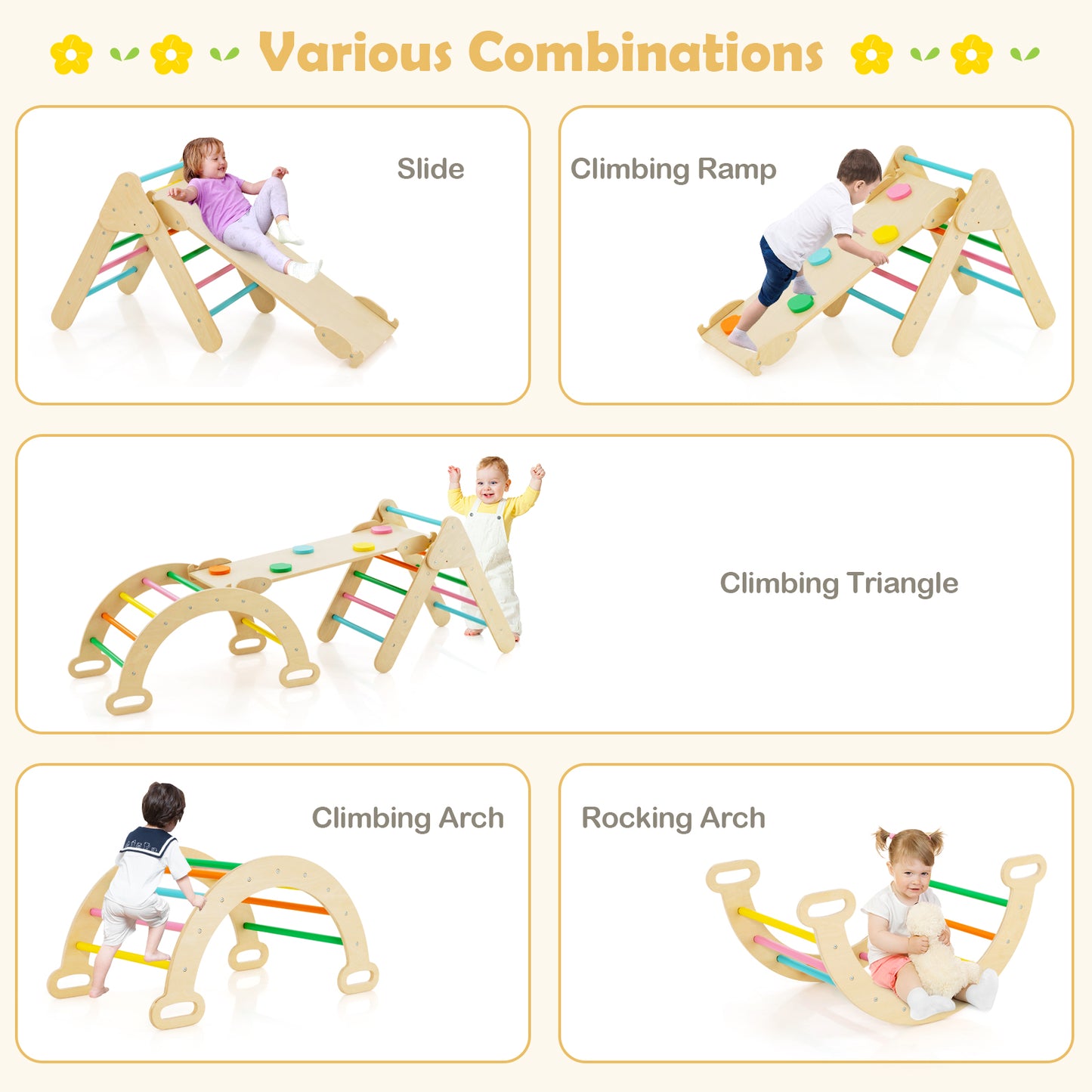 5-in-1 Wooden Kids Climber Toys with Triangle Arch Ramp-Multicolor Kids Crystal
