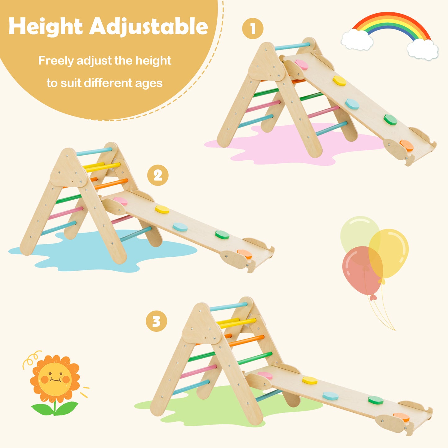 5-in-1 Wooden Kids Climber Toys with Triangle Arch Ramp-Multicolor Kids Crystal