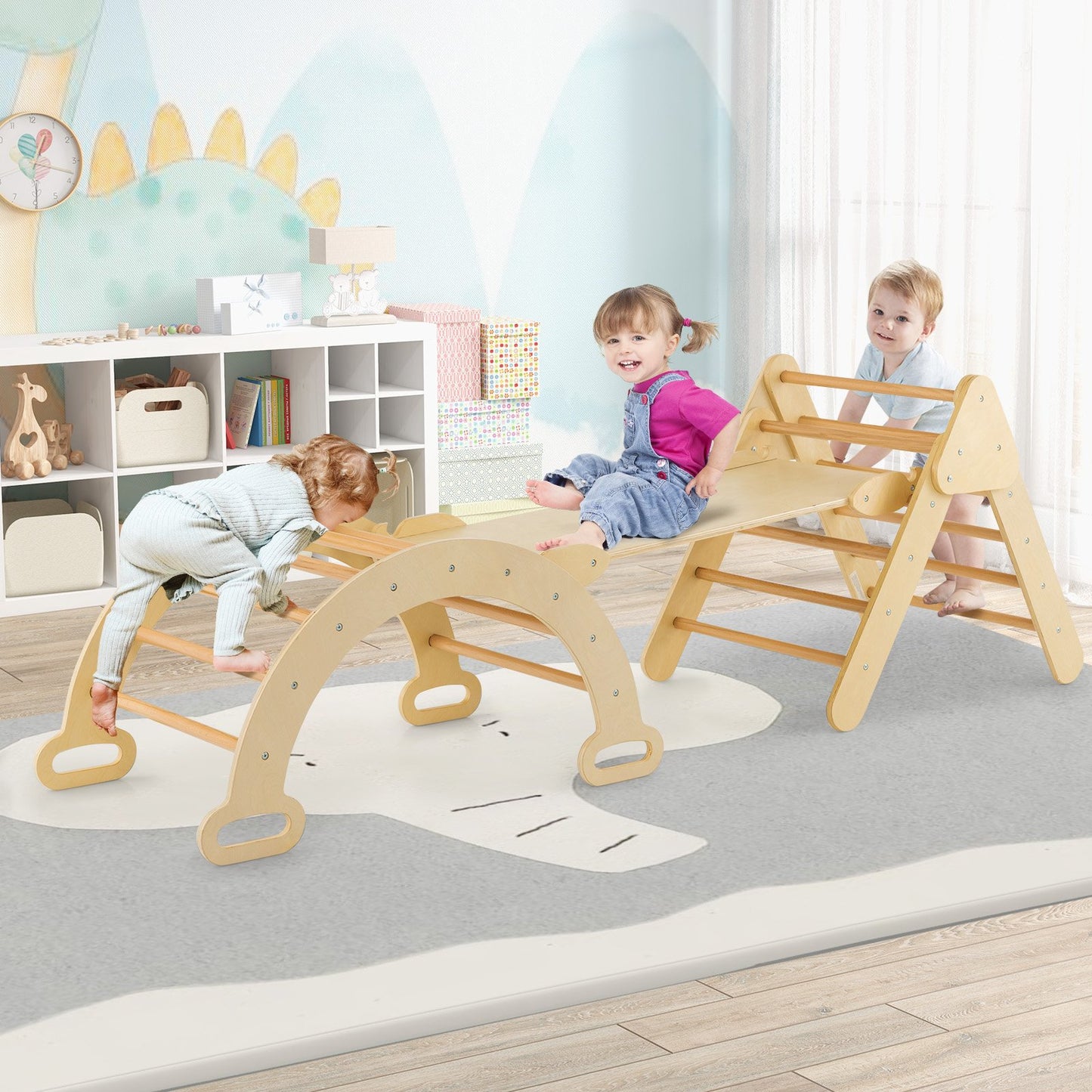 5-in-1 Wooden Kids Climber Toys with Triangle Arch Ramp-Natural Kids Crystal