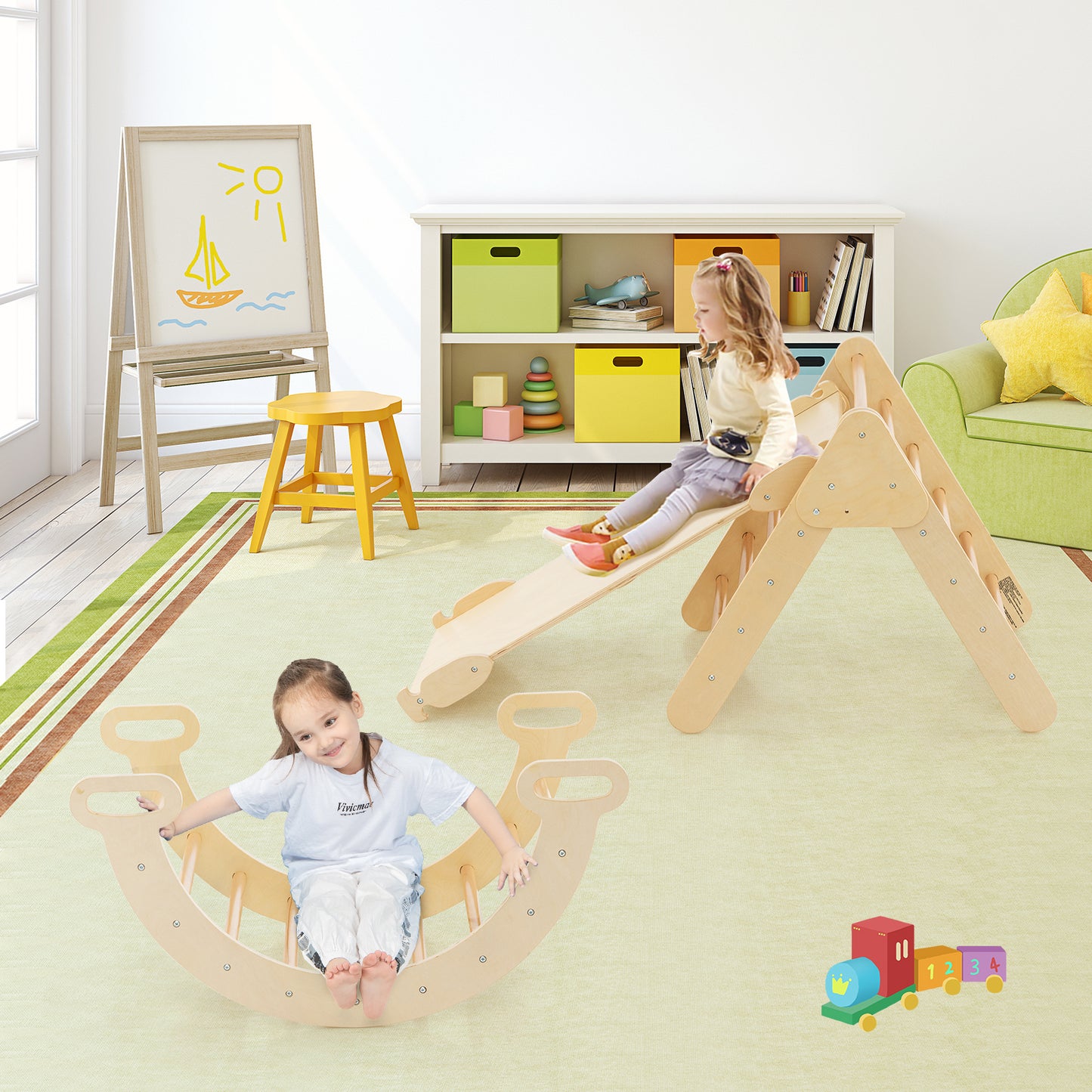 5-in-1 Wooden Kids Climber Toys with Triangle Arch Ramp-Natural Kids Crystal