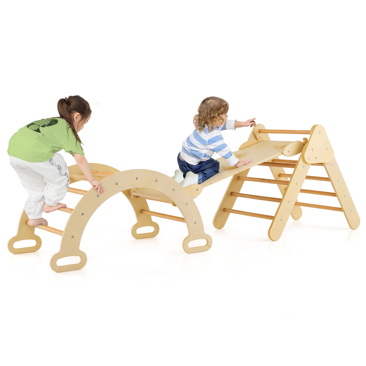 5-in-1 Wooden Kids Climber Toys with Triangle Arch Ramp-Natural Kids Crystal