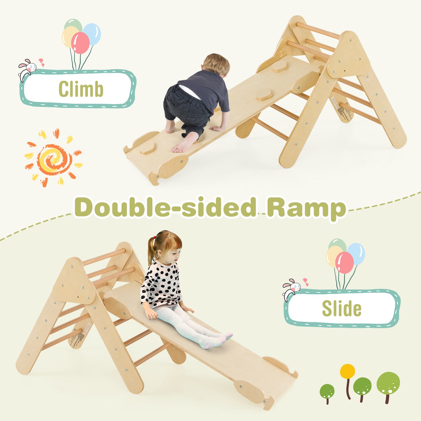 5-in-1 Wooden Kids Climber Toys with Triangle Arch Ramp-Natural Kids Crystal
