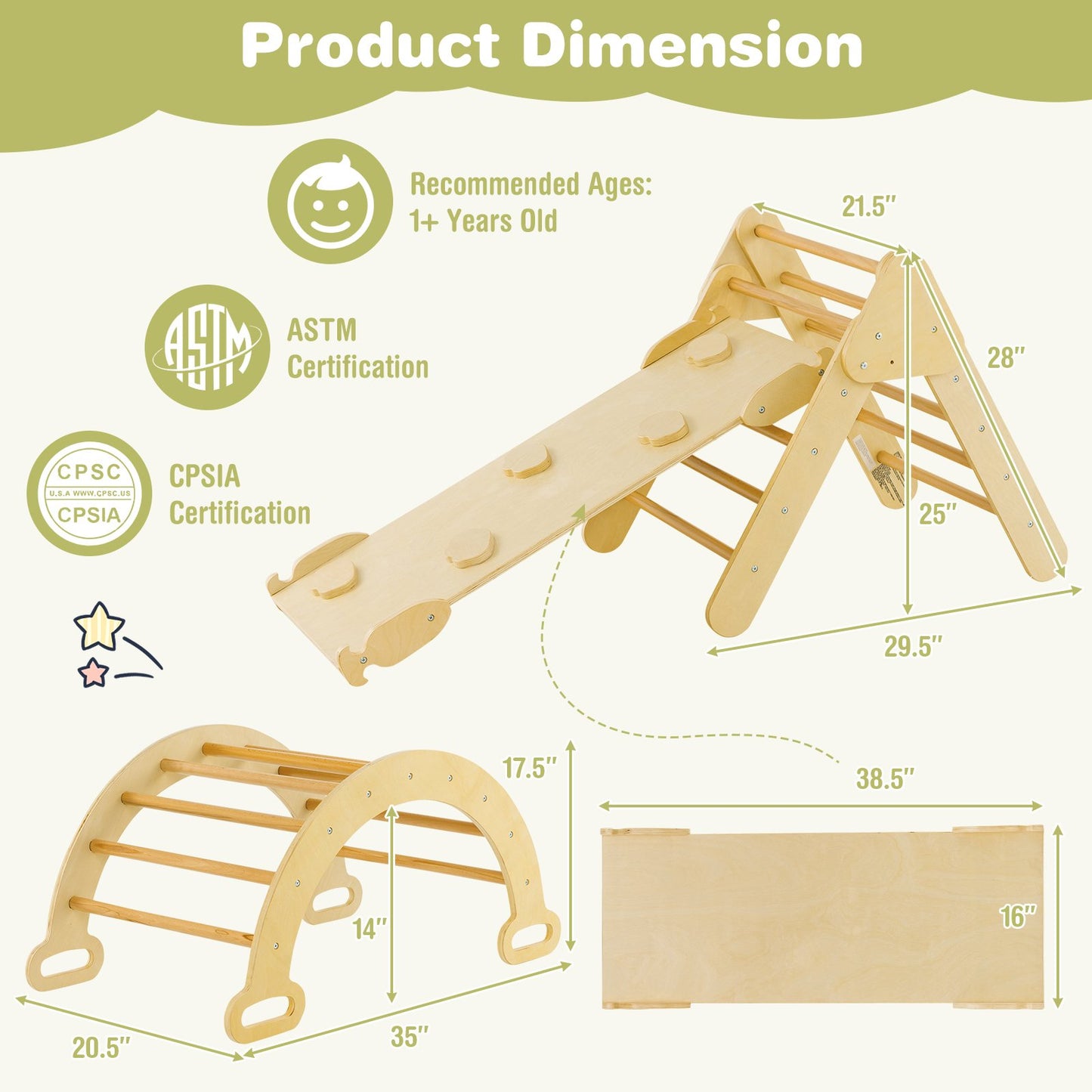5-in-1 Wooden Kids Climber Toys with Triangle Arch Ramp-Natural Kids Crystal
