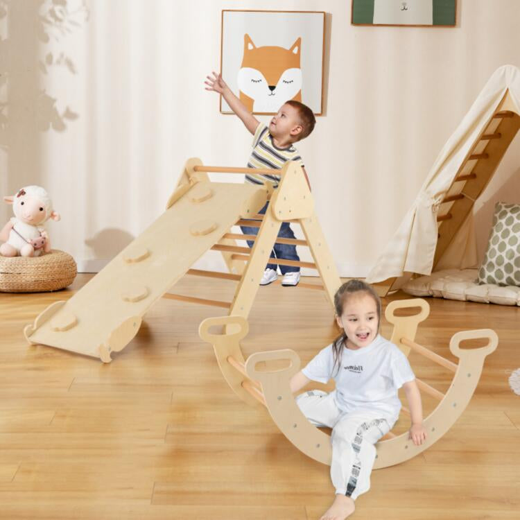 5-in-1 Wooden Kids Climber Toys with Triangle Arch Ramp-Natural Kids Crystal