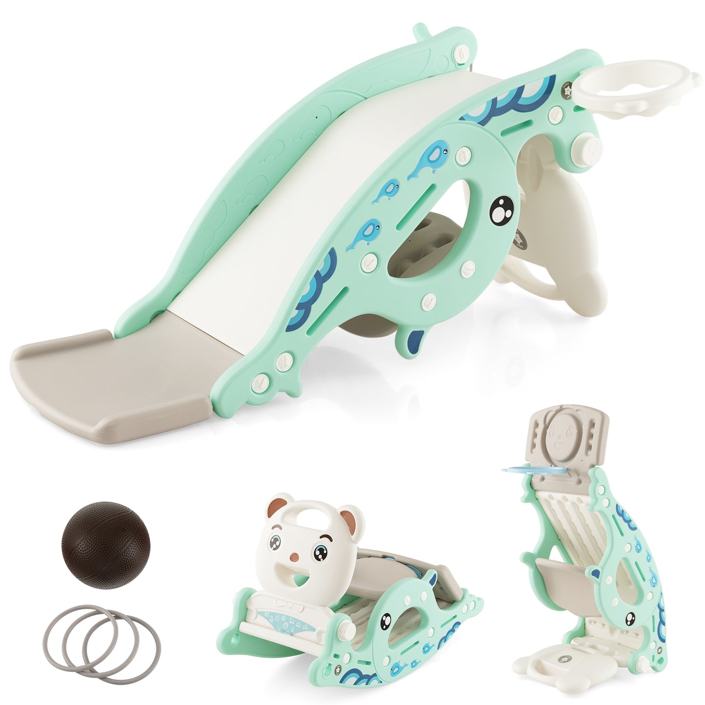 4-in-1 Kids Slide Rocking Horse with Basketball and Ring Toss-Green Kids Crystal