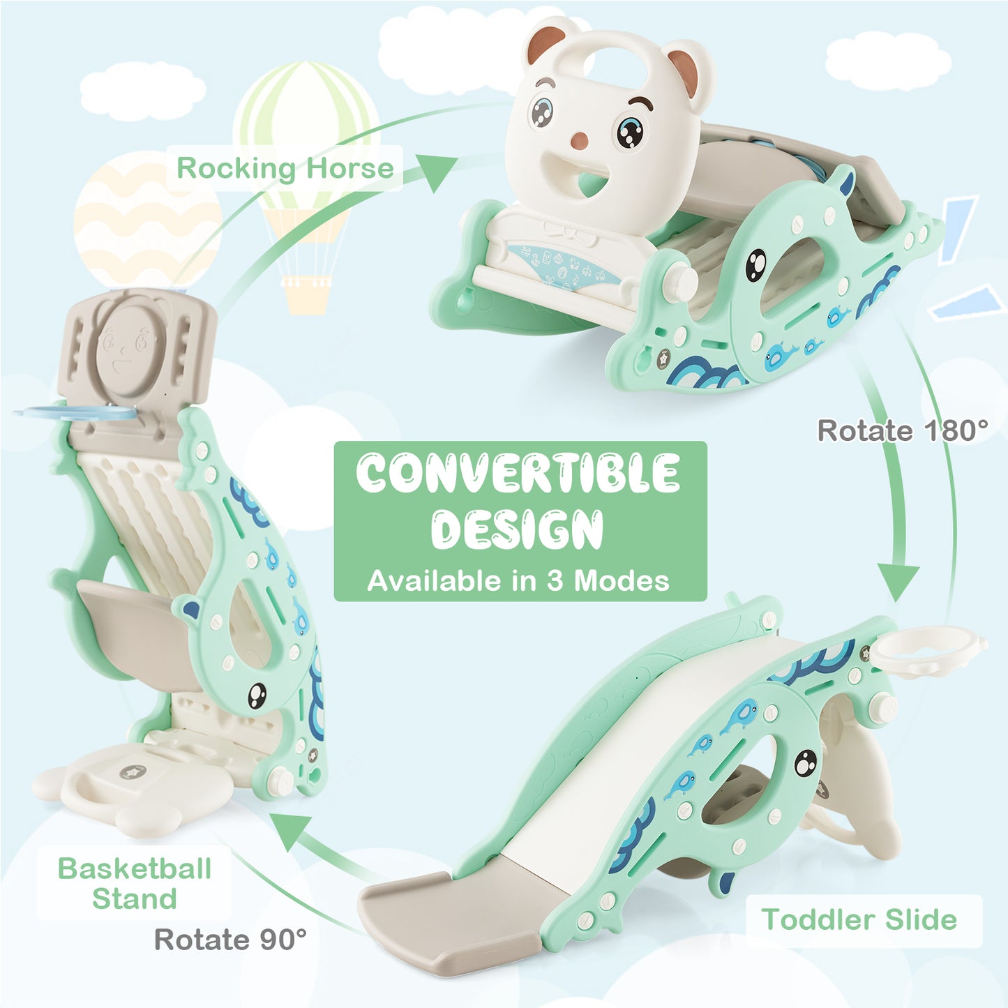 4-in-1 Kids Slide Rocking Horse with Basketball and Ring Toss-Green Kids Crystal
