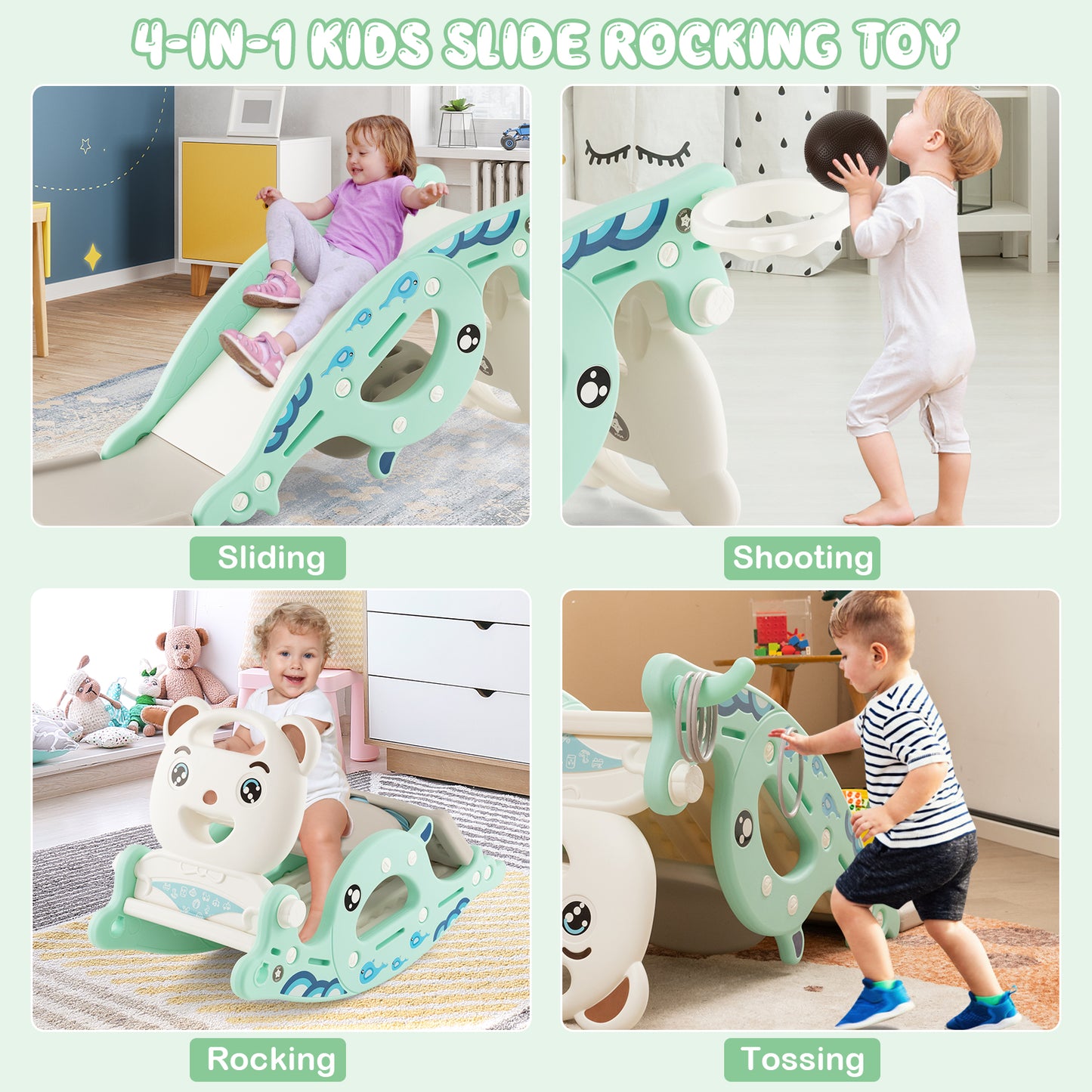 4-in-1 Kids Slide Rocking Horse with Basketball and Ring Toss-Green Kids Crystal