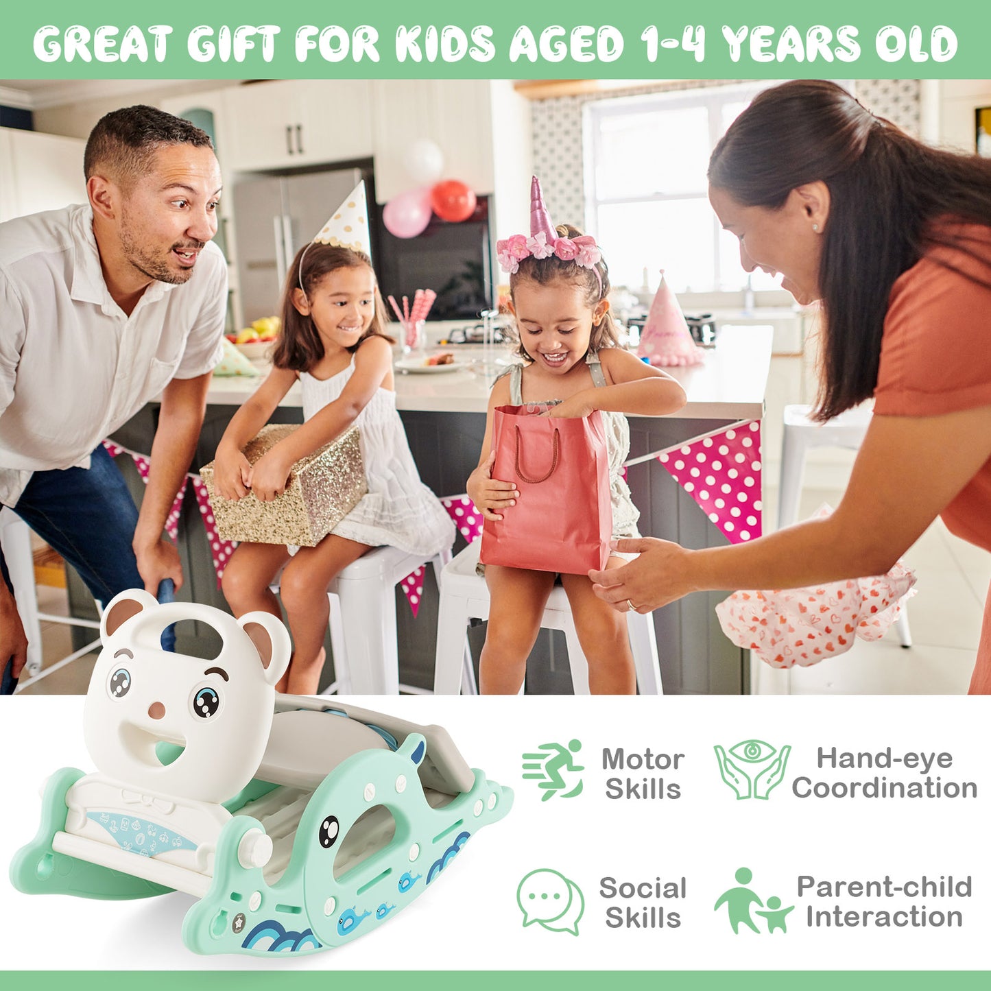 4-in-1 Kids Slide Rocking Horse with Basketball and Ring Toss-Green Kids Crystal