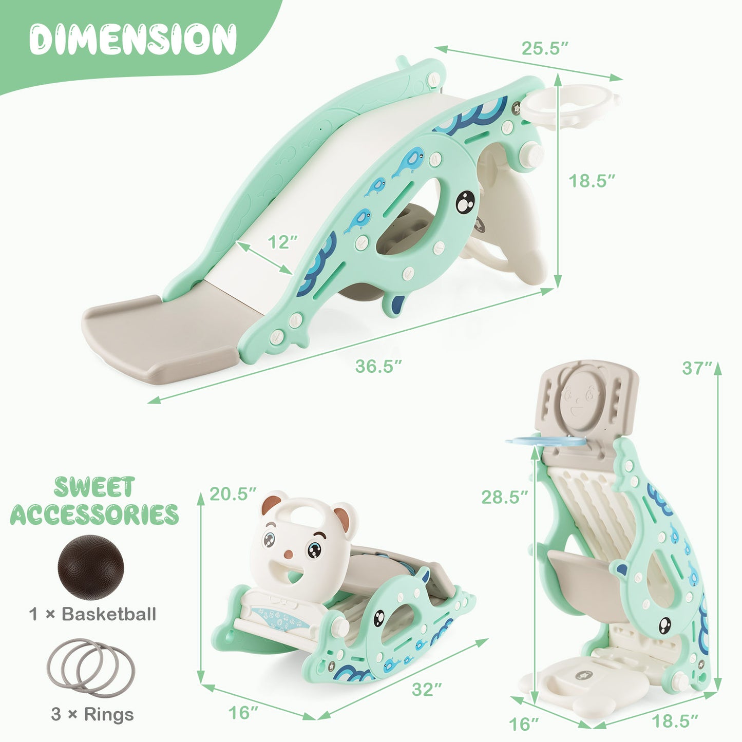 4-in-1 Kids Slide Rocking Horse with Basketball and Ring Toss-Green Kids Crystal