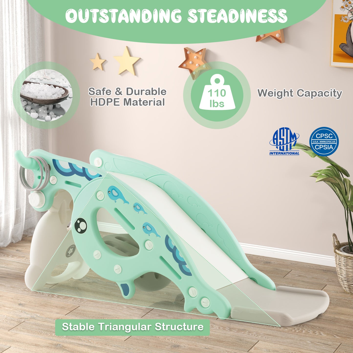4-in-1 Kids Slide Rocking Horse with Basketball and Ring Toss-Green Kids Crystal