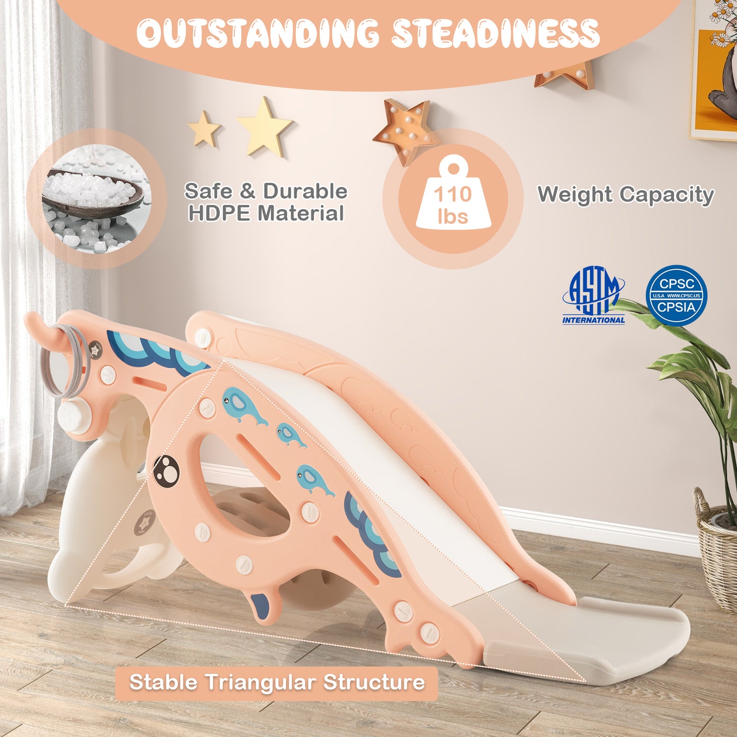 4-in-1 Kids Slide Rocking Horse with Basketball and Ring Toss-Pink Kids Crystal