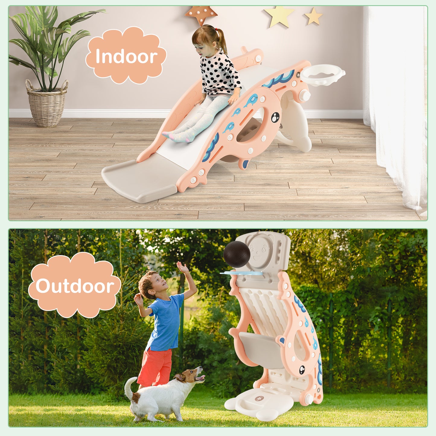 4-in-1 Kids Slide Rocking Horse with Basketball and Ring Toss-Pink Kids Crystal
