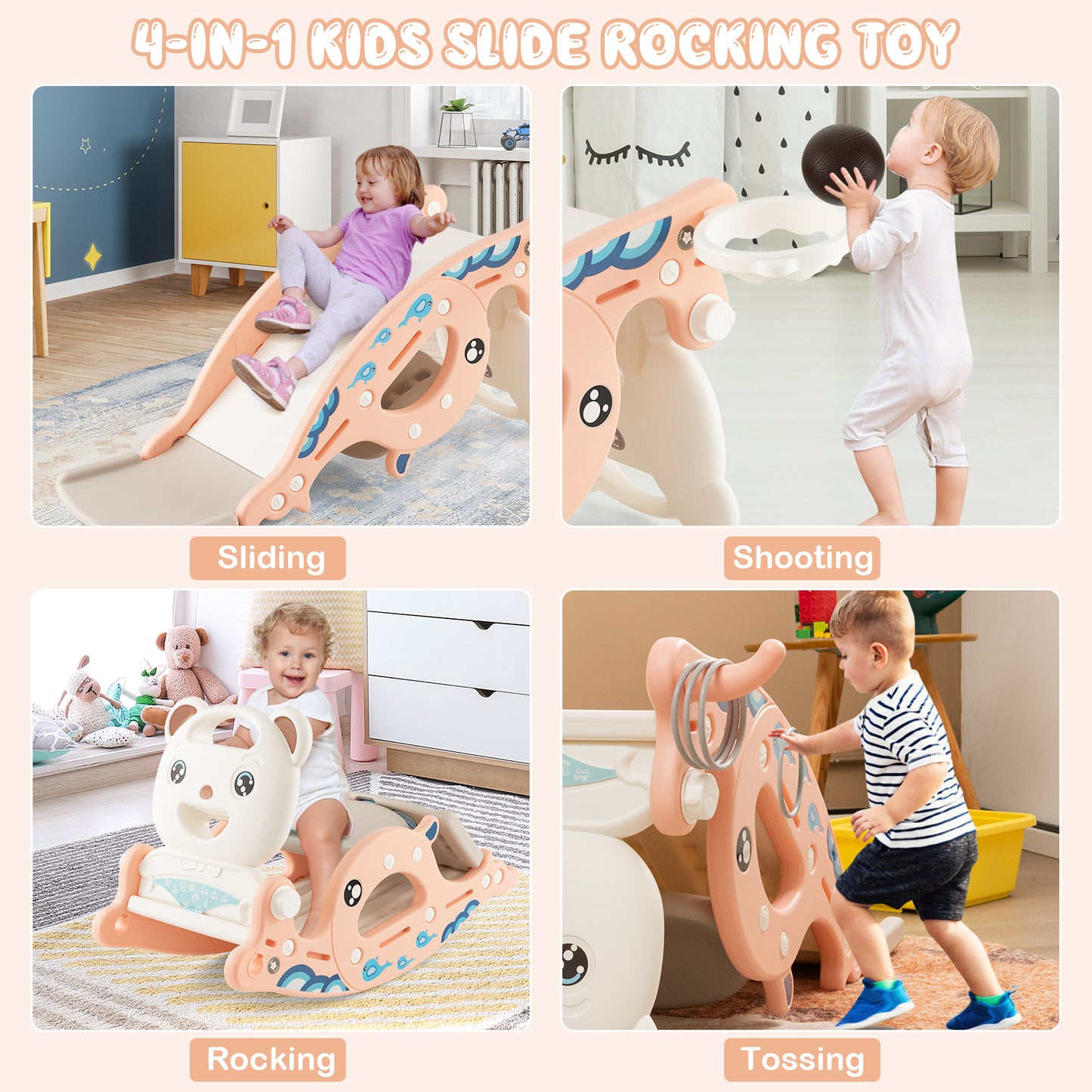 4-in-1 Kids Slide Rocking Horse with Basketball and Ring Toss-Pink Kids Crystal