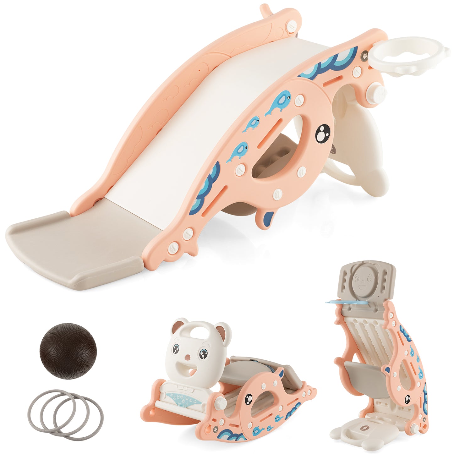 4-in-1 Kids Slide Rocking Horse with Basketball and Ring Toss-Pink Kids Crystal