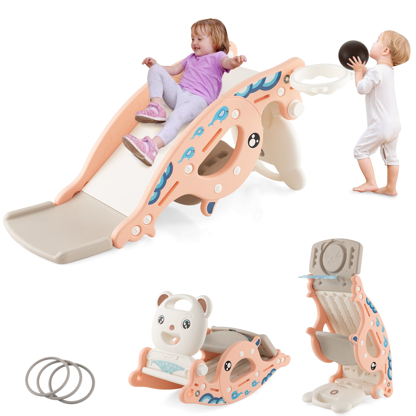 4-in-1 Kids Slide Rocking Horse with Basketball and Ring Toss-Pink Kids Crystal