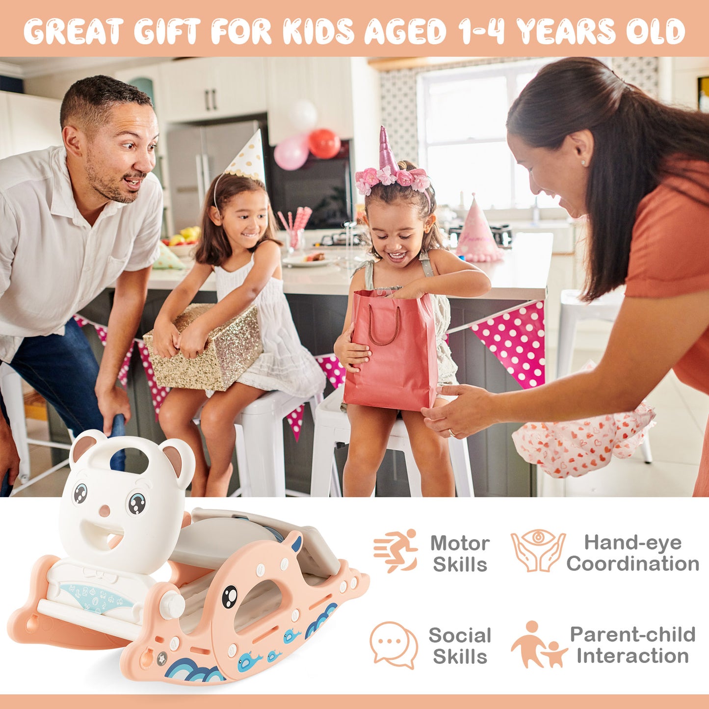4-in-1 Kids Slide Rocking Horse with Basketball and Ring Toss-Pink Kids Crystal