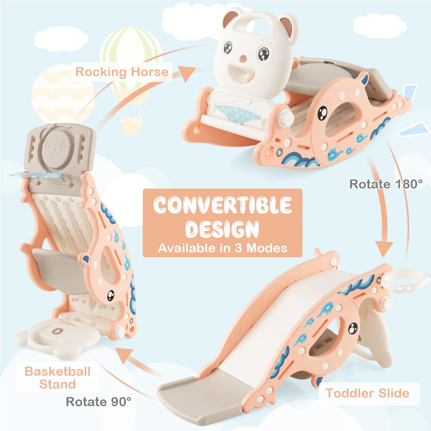 4-in-1 Kids Slide Rocking Horse with Basketball and Ring Toss-Pink Kids Crystal