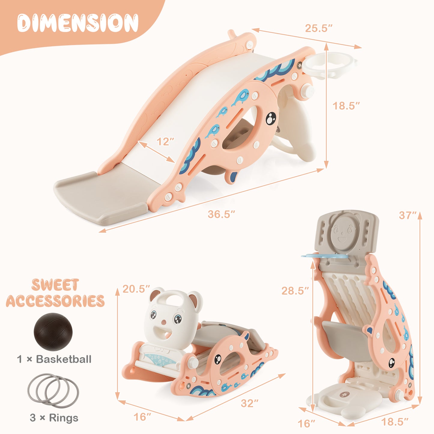 4-in-1 Kids Slide Rocking Horse with Basketball and Ring Toss-Pink Kids Crystal