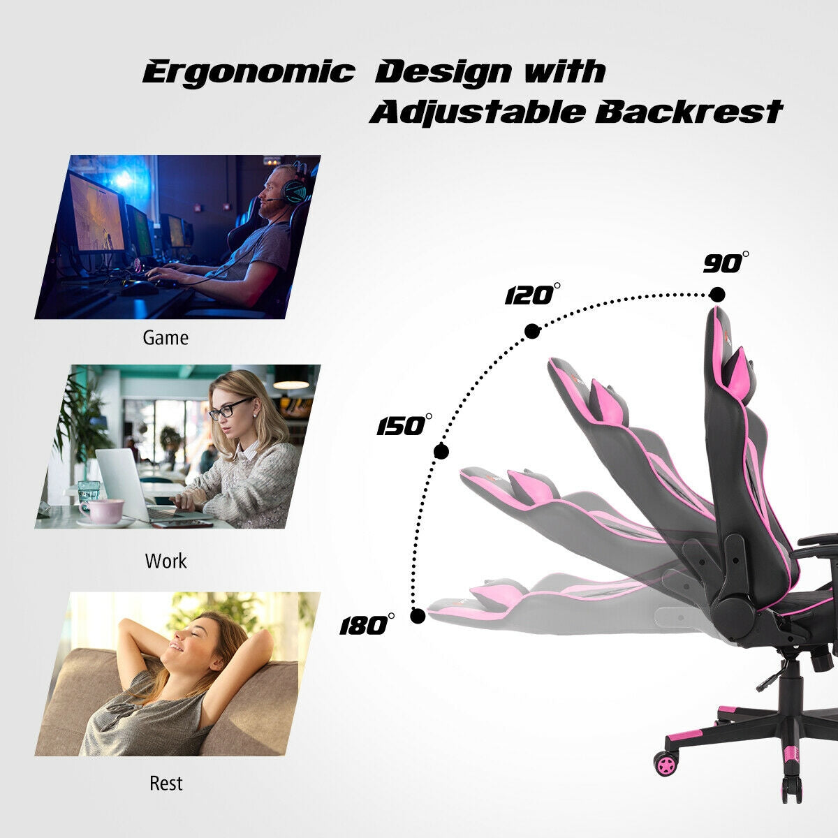 Massage Gaming Chair with Lumbar Support and Headrest-Pink Kids Crystal