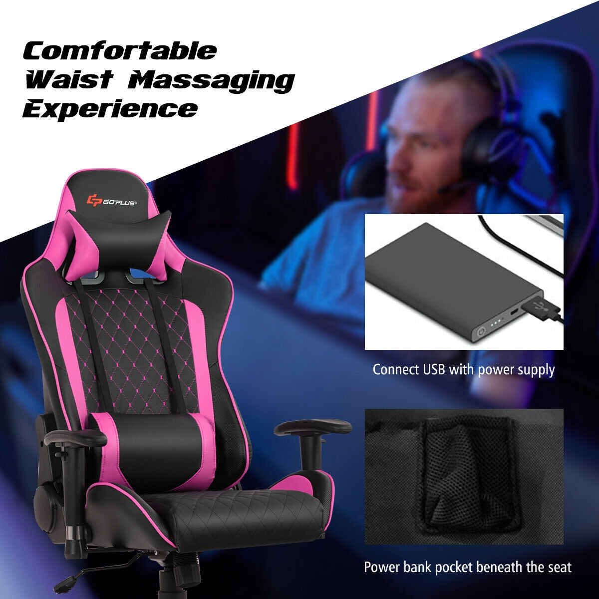Massage Gaming Chair with Lumbar Support and Headrest-Pink Kids Crystal