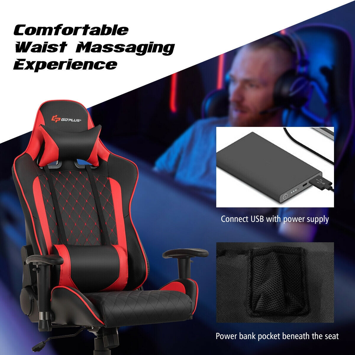 Massage Gaming Chair with Lumbar Support and Headrest-Red Kids Crystal