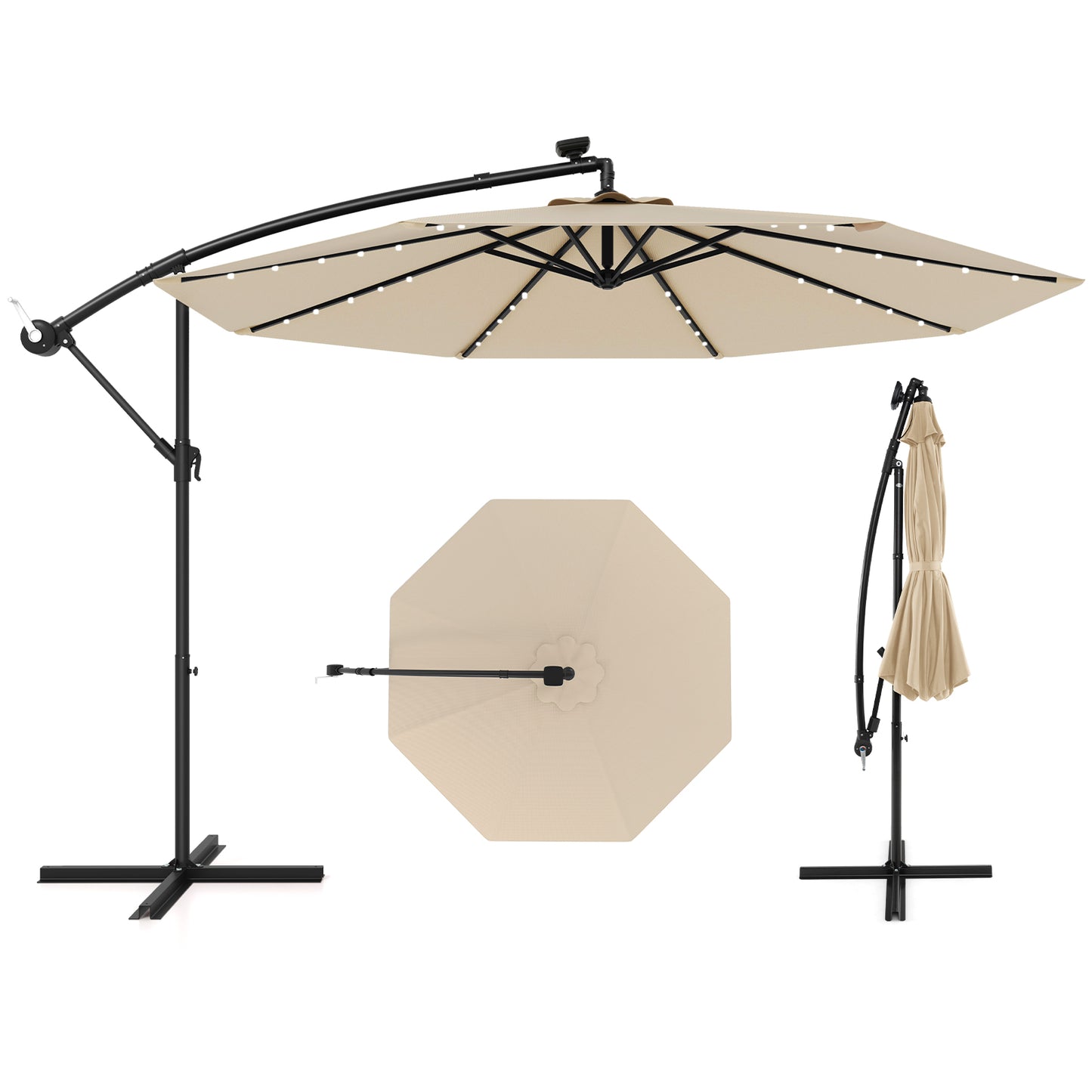 10 Feet Solar Offset Hanging Umbrella with 40 Lamp Beads and Solar Panel-Beige Kids Crystal