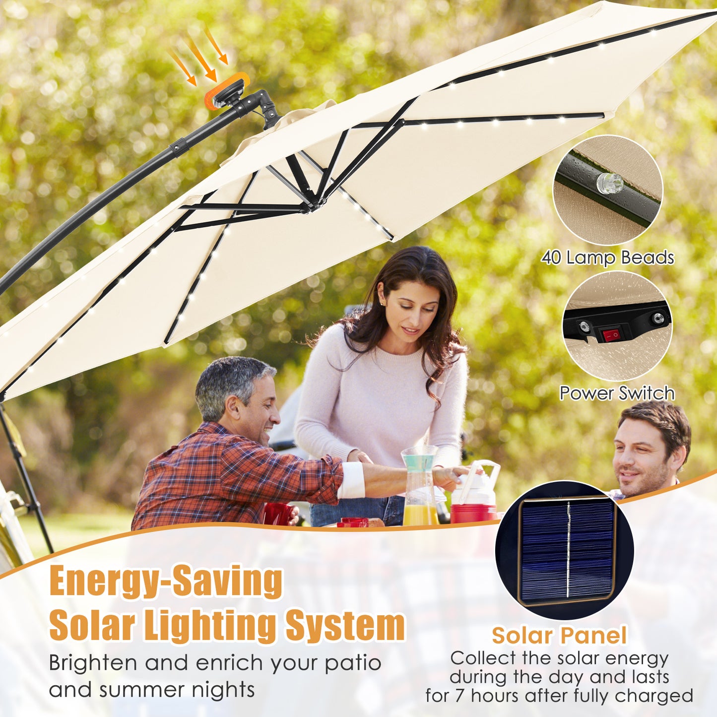 10 Feet Solar Offset Hanging Umbrella with 40 Lamp Beads and Solar Panel-Beige Kids Crystal
