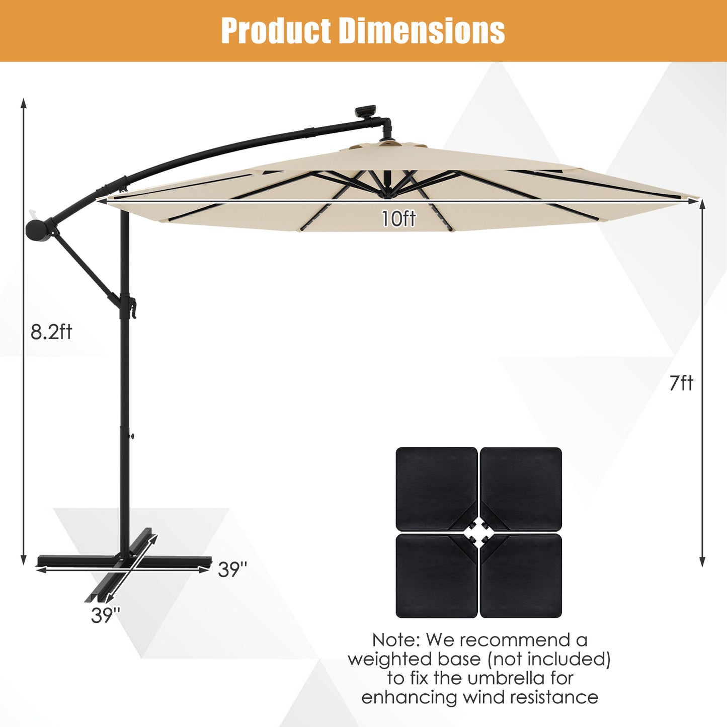 10 Feet Solar Offset Hanging Umbrella with 40 Lamp Beads and Solar Panel-Beige Kids Crystal