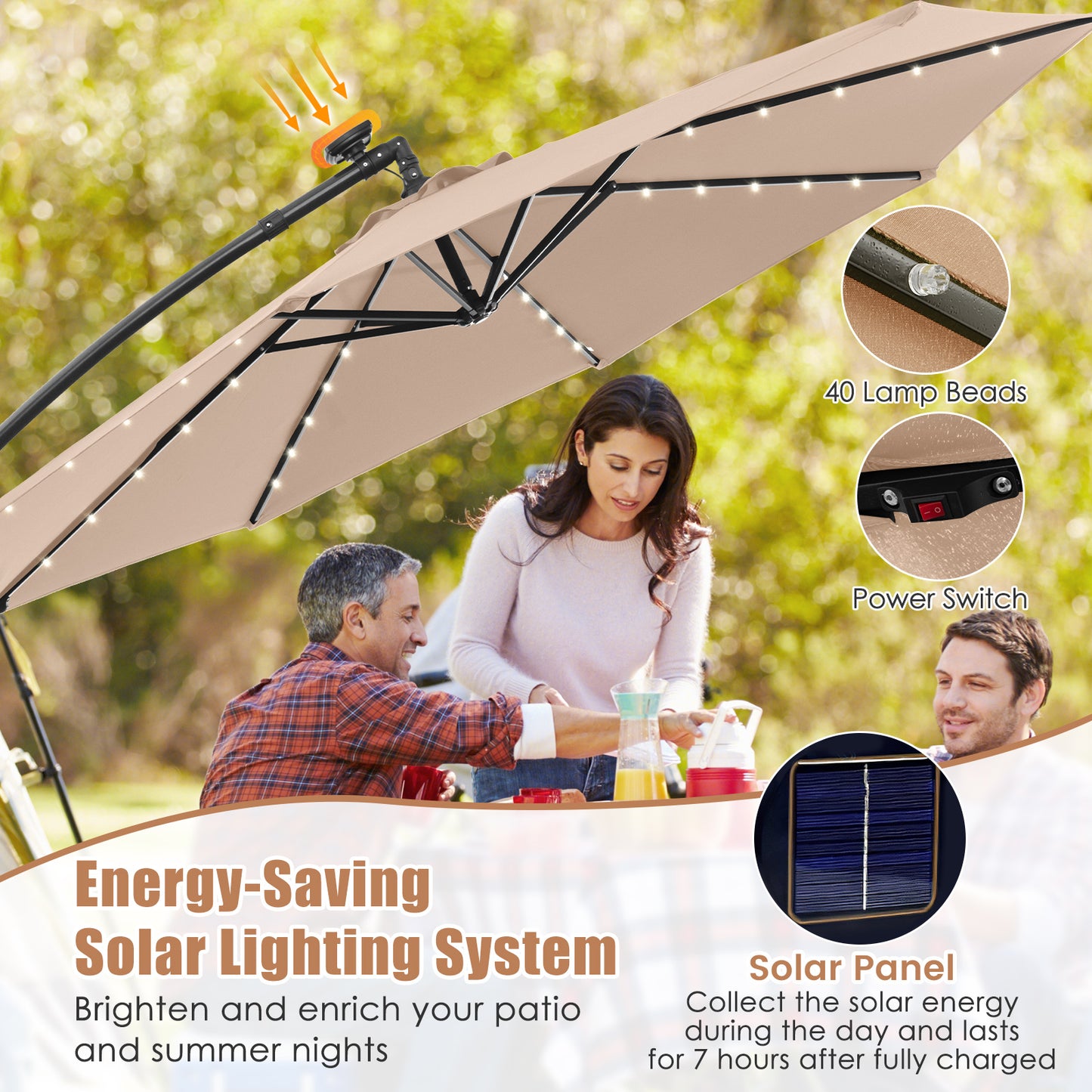 10 Feet Solar Offset Hanging Umbrella with 40 Lamp Beads and Solar Panel-Tan Kids Crystal