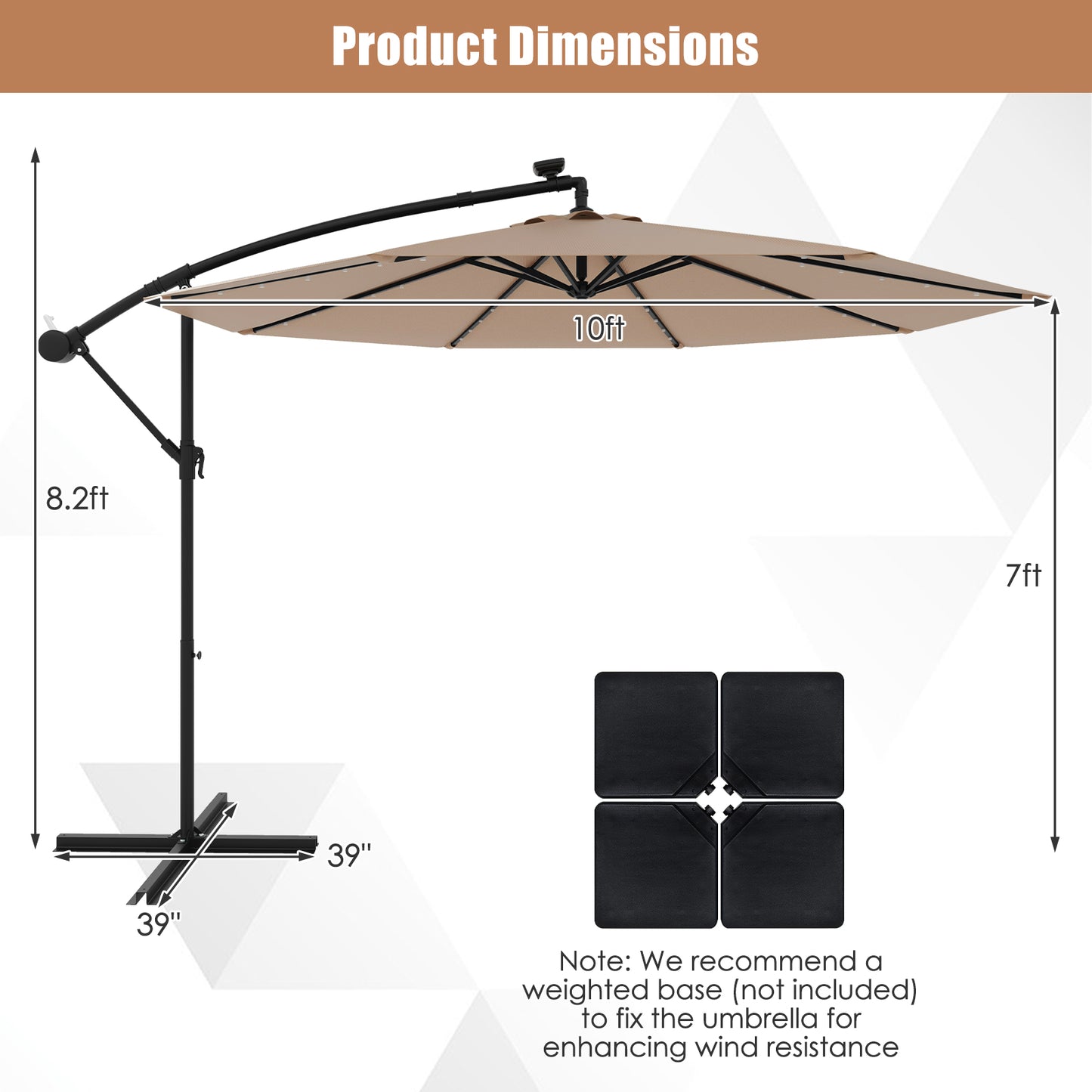 10 Feet Solar Offset Hanging Umbrella with 40 Lamp Beads and Solar Panel-Tan Kids Crystal