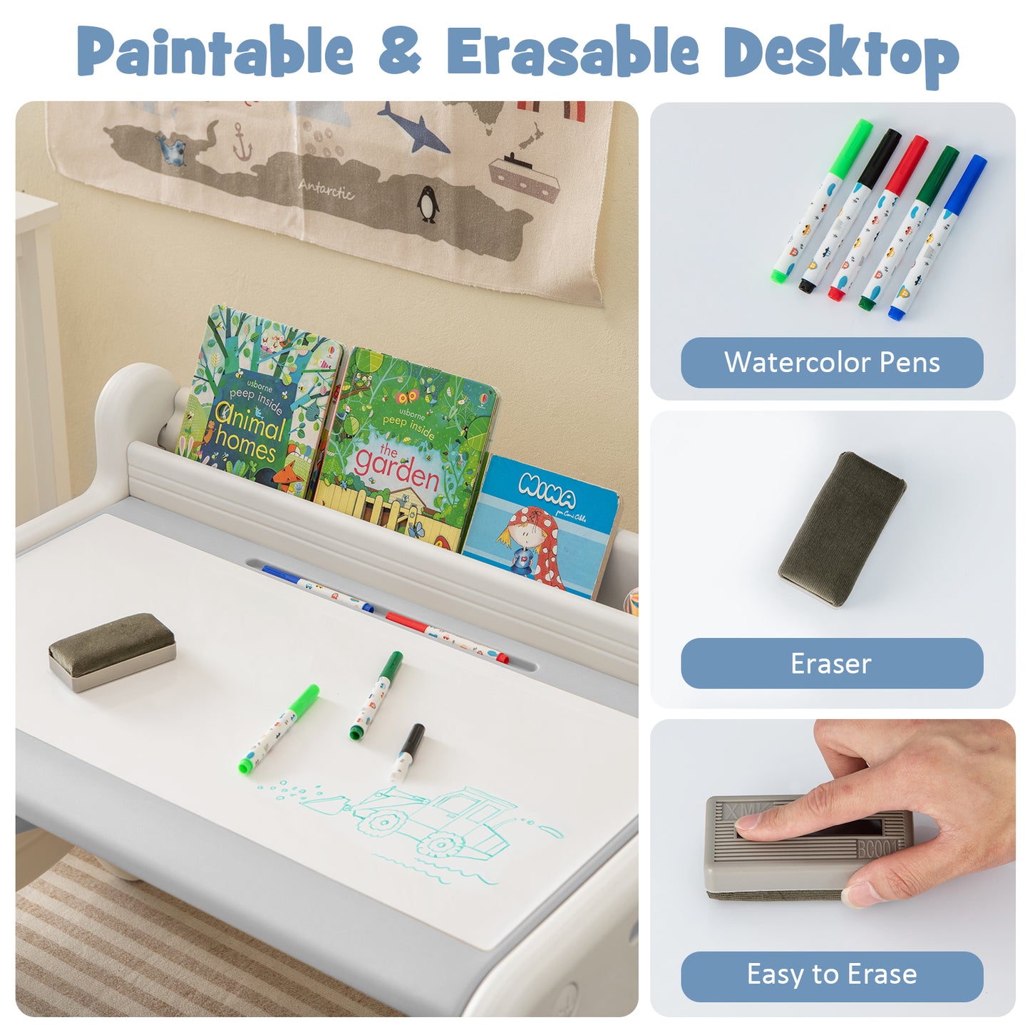 Kids Drawing Table and Chair Set with Watercolor Pens and Blackboard Eraser-Gray Kids Crystal