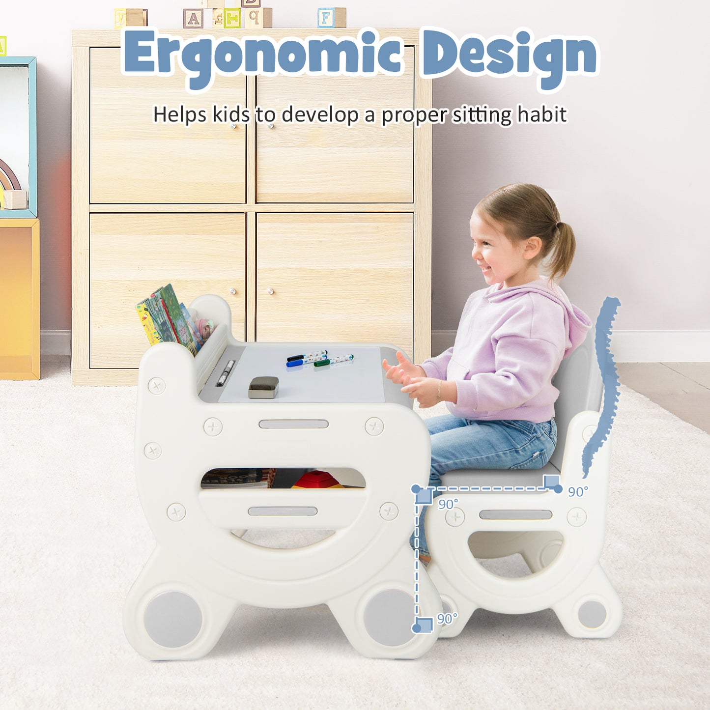 Kids Drawing Table and Chair Set with Watercolor Pens and Blackboard Eraser-Gray Kids Crystal