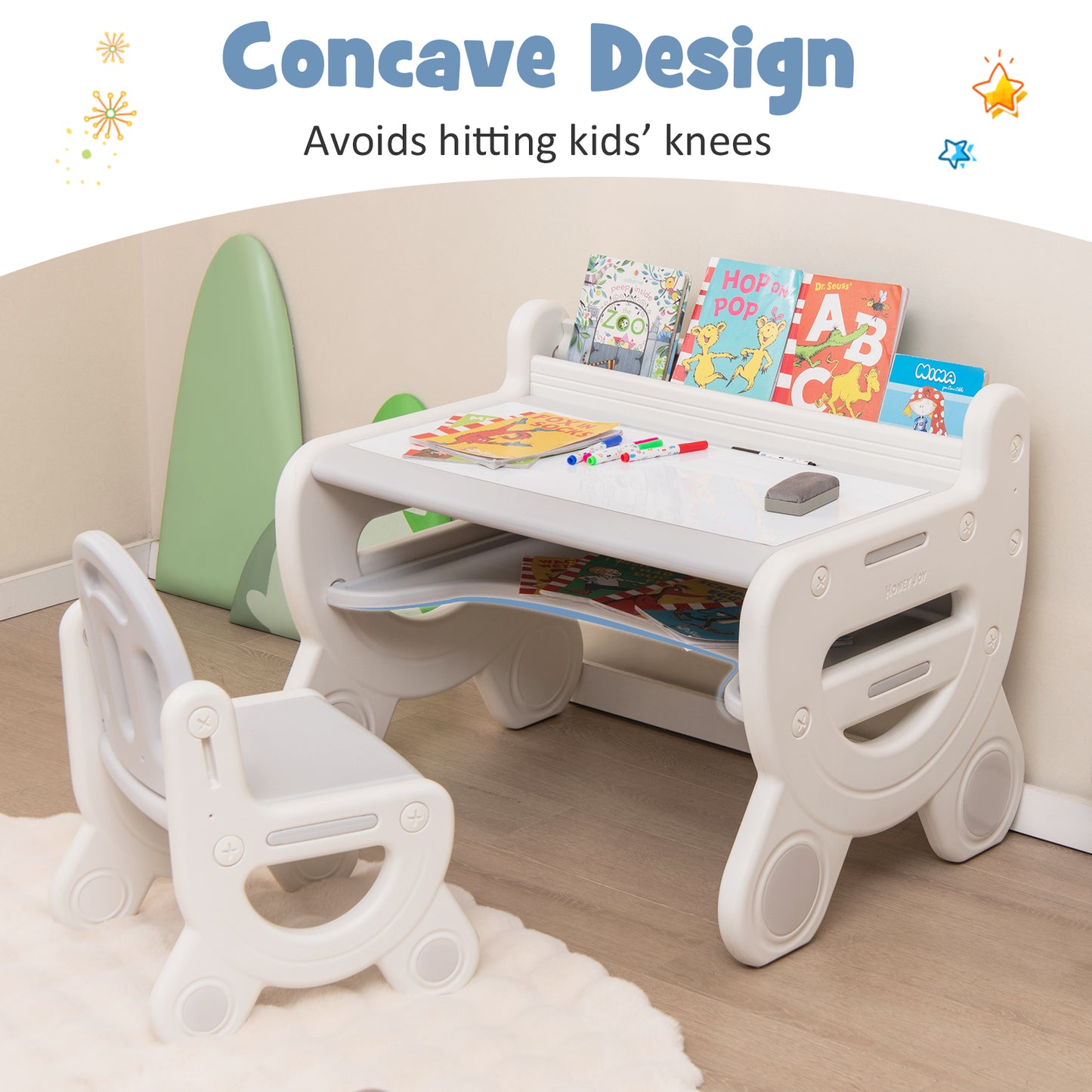 Kids Drawing Table and Chair Set with Watercolor Pens and Blackboard Eraser-Gray Kids Crystal