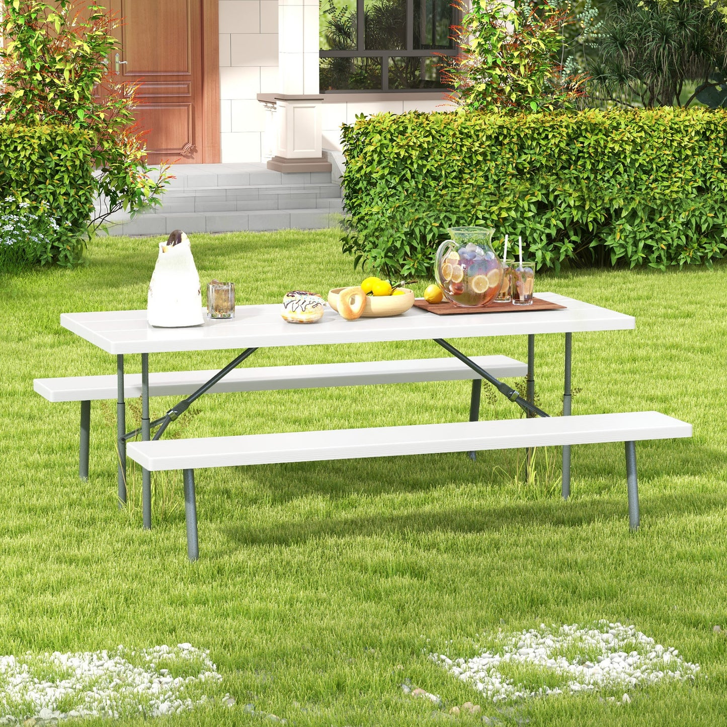 Folding Picnic Table Set with Metal Frame and All-Weather HDPE Tabletop Umbrella Hole-White Kids Crystal