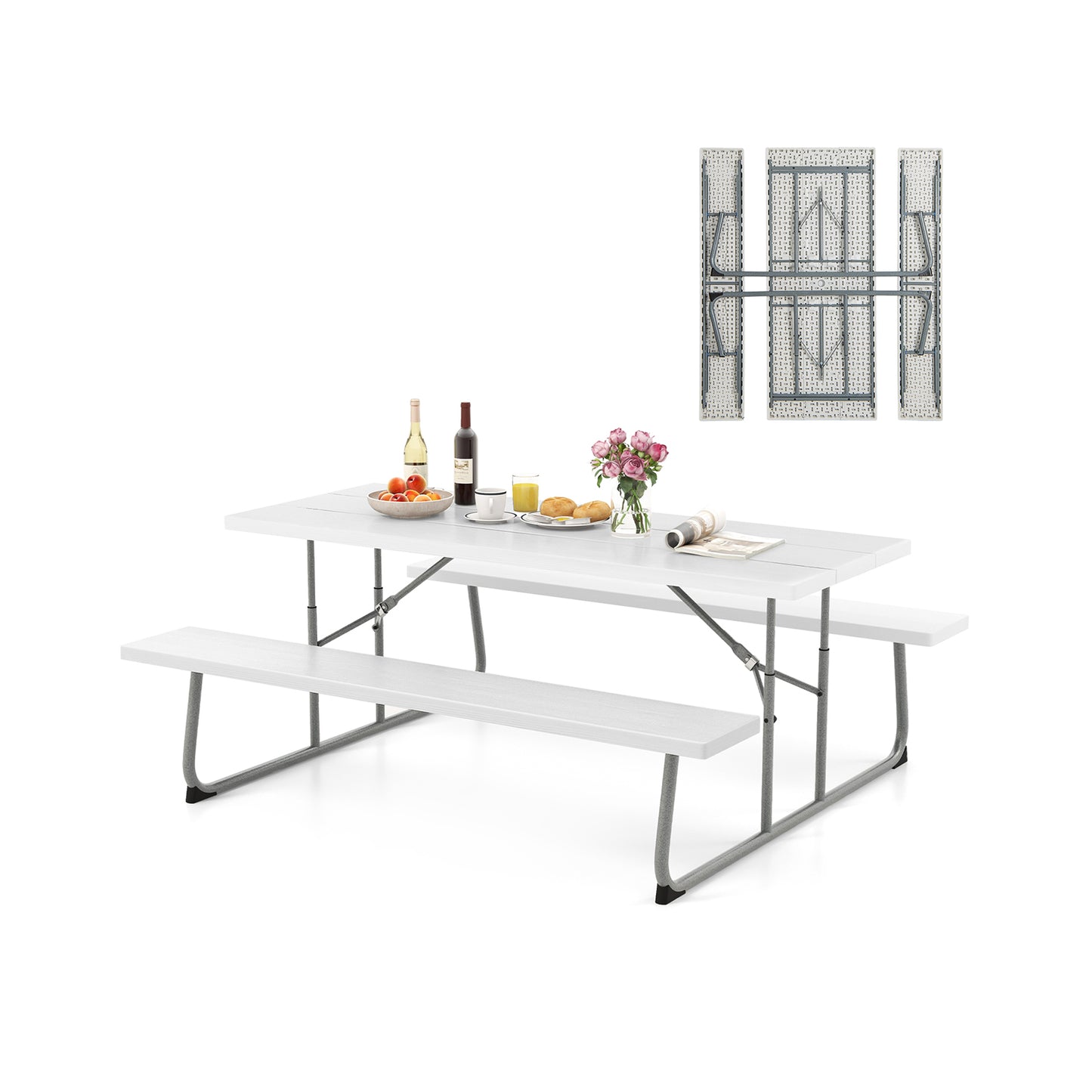 Folding Picnic Table Set with Metal Frame and All-Weather HDPE Tabletop Umbrella Hole-White Kids Crystal
