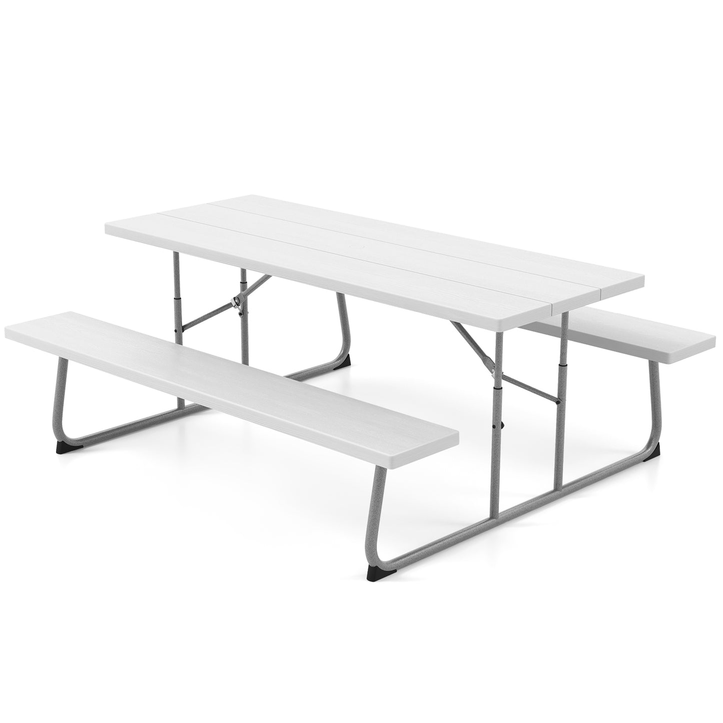 Folding Picnic Table Set with Metal Frame and All-Weather HDPE Tabletop Umbrella Hole-White Kids Crystal