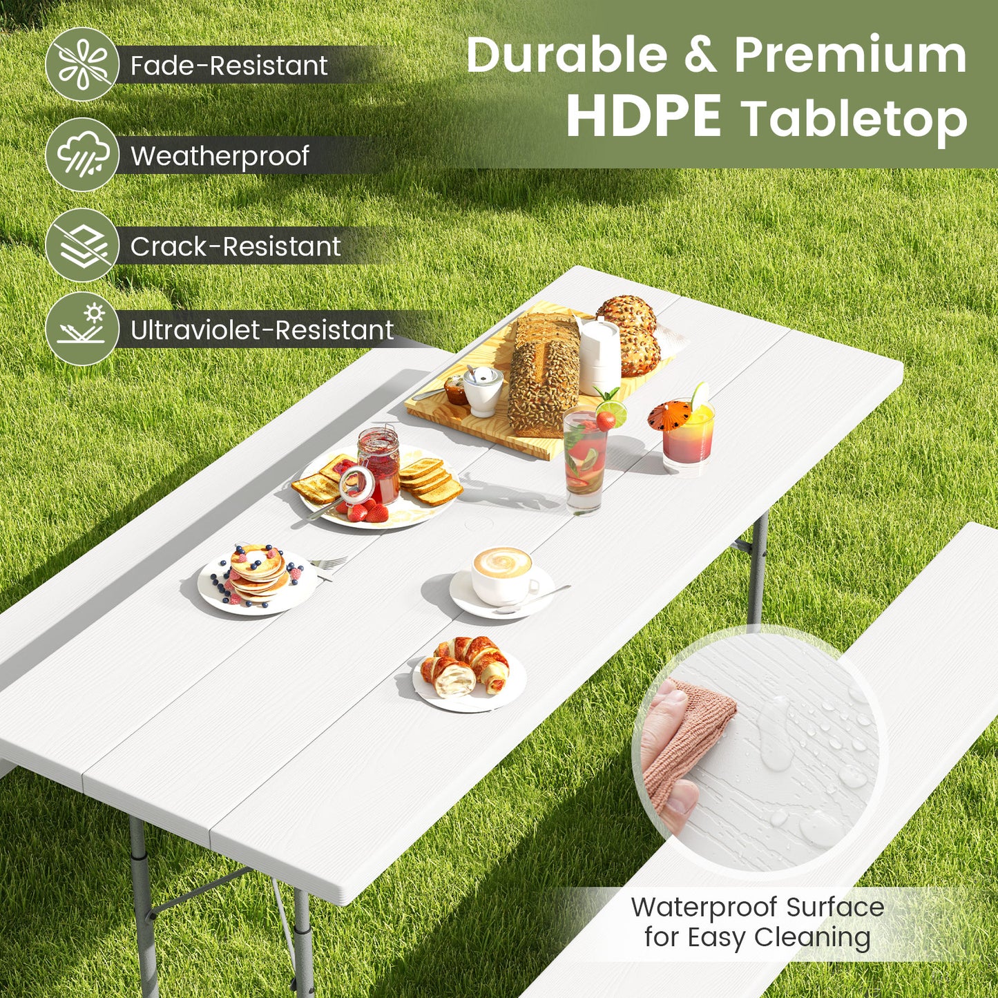 Folding Picnic Table Set with Metal Frame and All-Weather HDPE Tabletop Umbrella Hole-White Kids Crystal