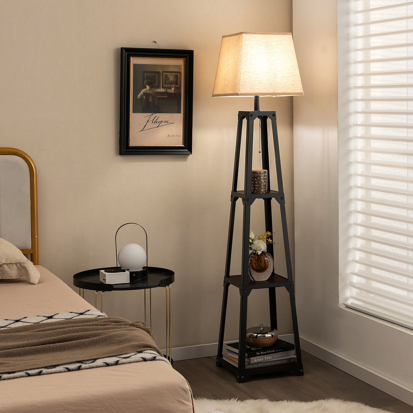 Trapezoidal Designed Floor Lamp with 3 Tiered Storage Shelf-Brown Kids Crystal