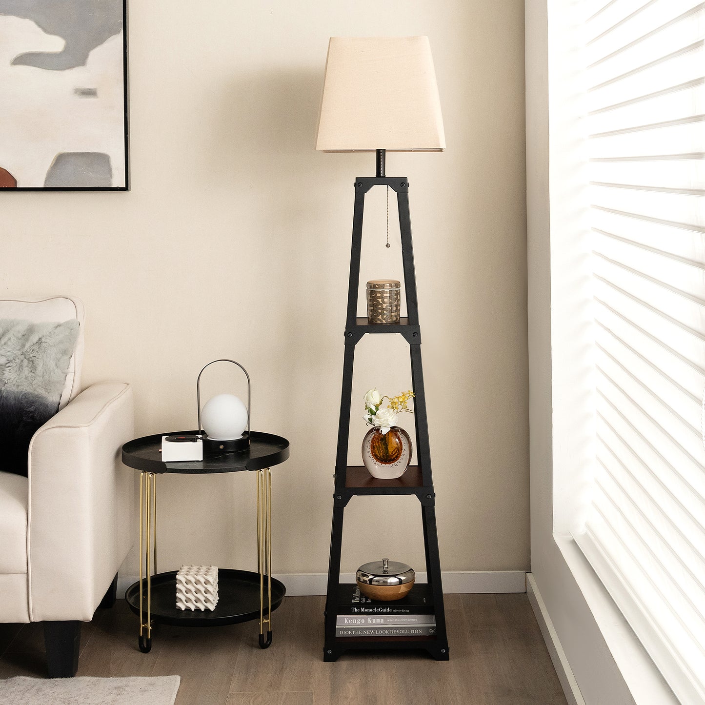 Trapezoidal Designed Floor Lamp with 3 Tiered Storage Shelf-Brown Kids Crystal