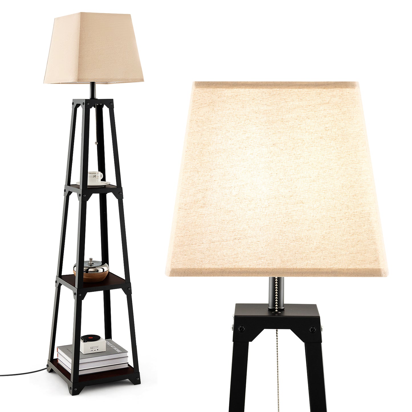 Trapezoidal Designed Floor Lamp with 3 Tiered Storage Shelf-Brown Kids Crystal