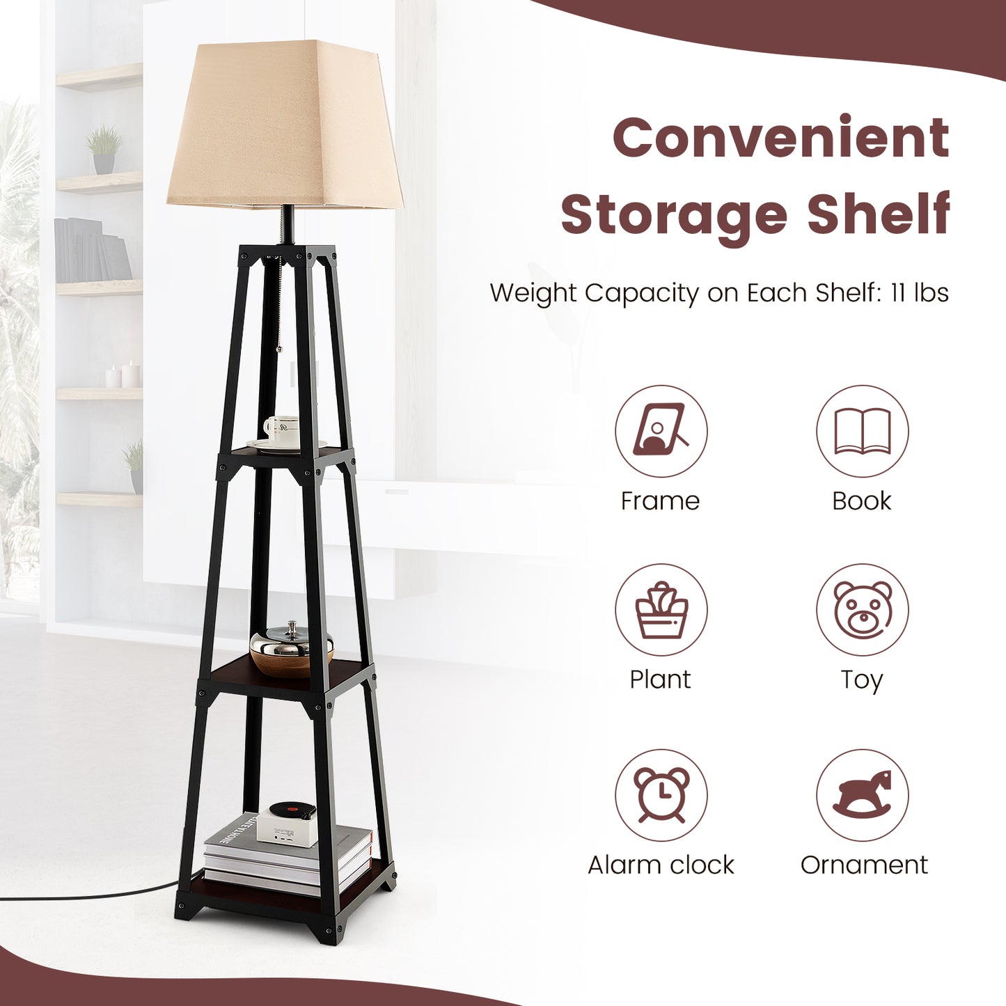 Trapezoidal Designed Floor Lamp with 3 Tiered Storage Shelf-Brown Kids Crystal