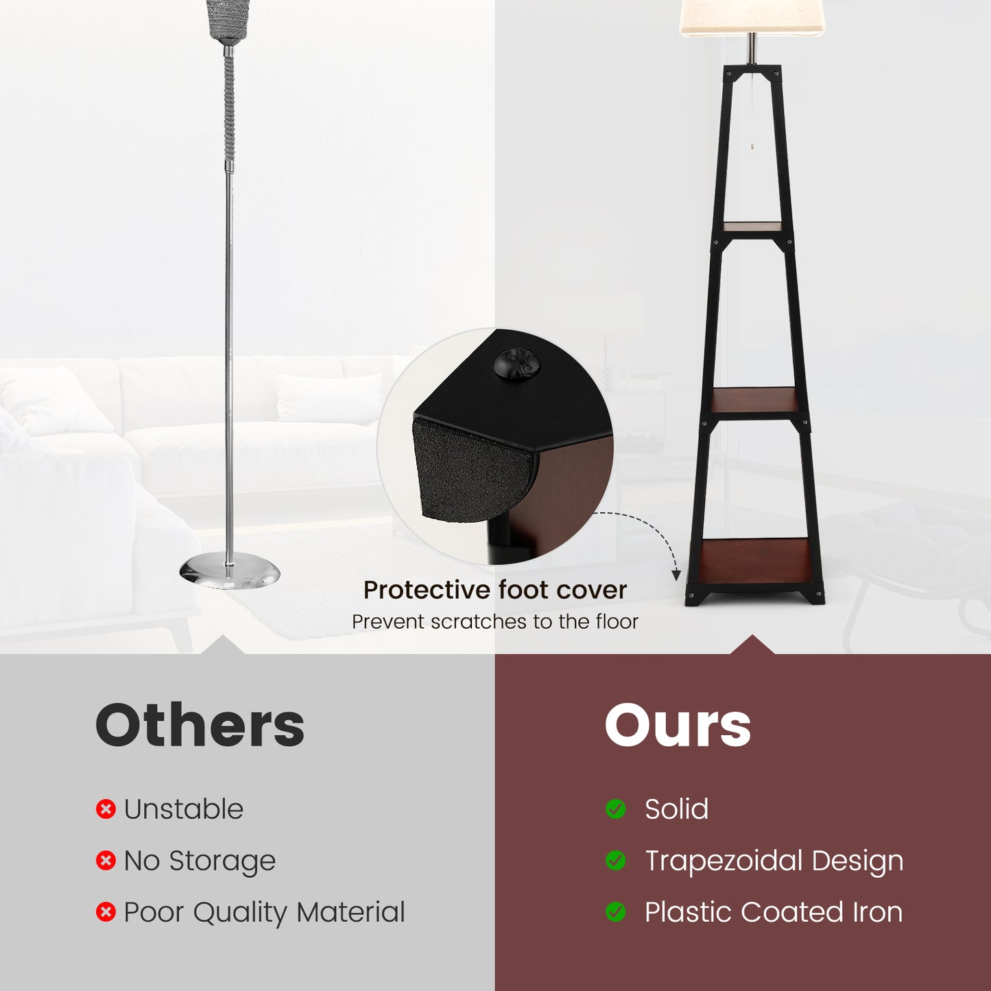 Trapezoidal Designed Floor Lamp with 3 Tiered Storage Shelf-Brown Kids Crystal